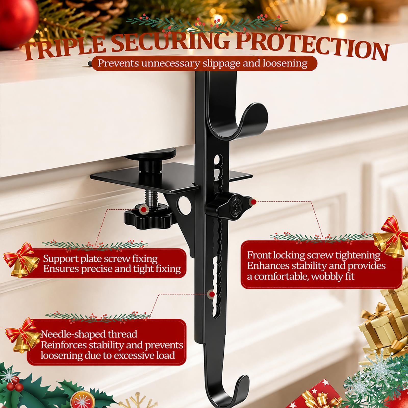 RGJ double-hook layout with stockings maximizing mantel space and neat arrangement