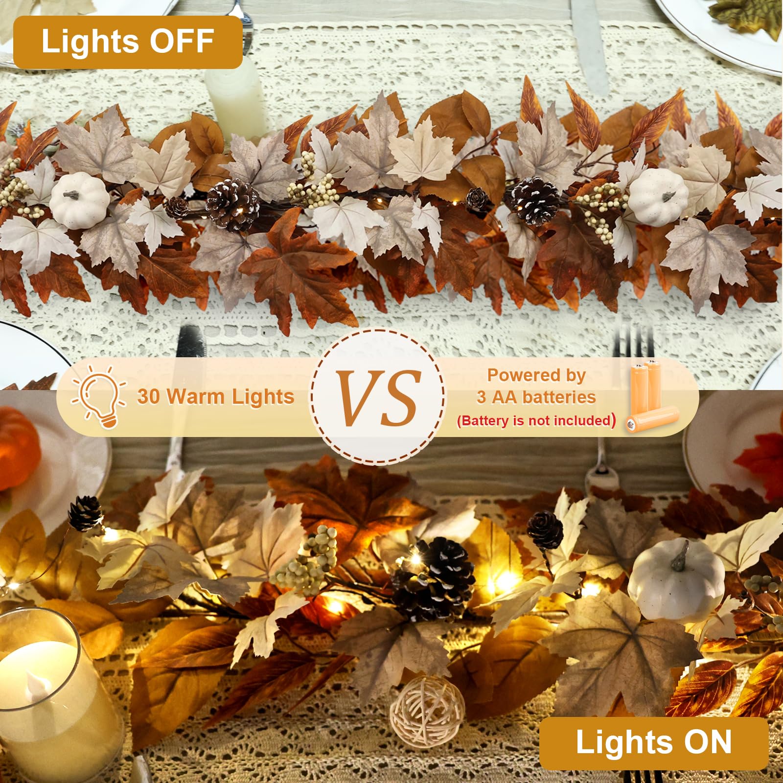 RHTRJ lit garland on mantel providing cozy evening glow for gatherings