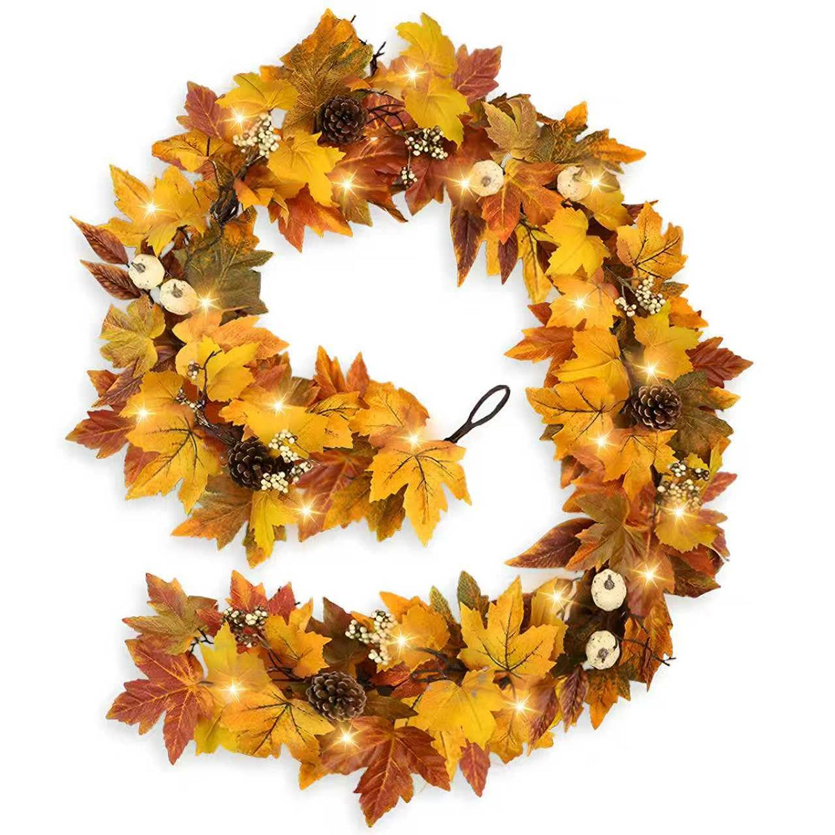 RHTRJ front view garland with warm lights enhancing fall ambiance