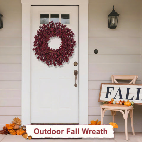 RHTRJ hung on wooden front door offering welcoming seasonal charm