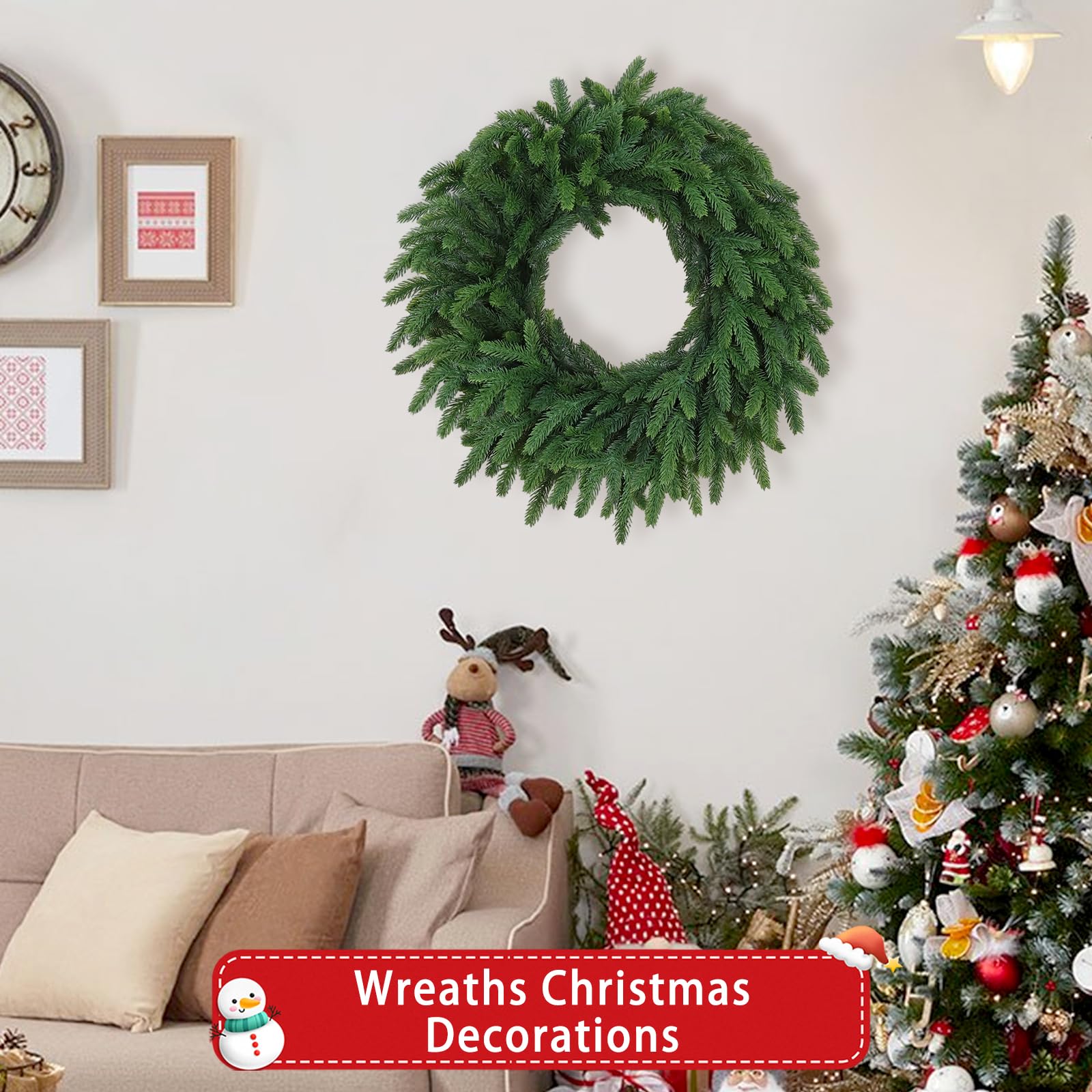 RHTRJ wreath displayed on mantel showing indoor decorative versatility and warmth