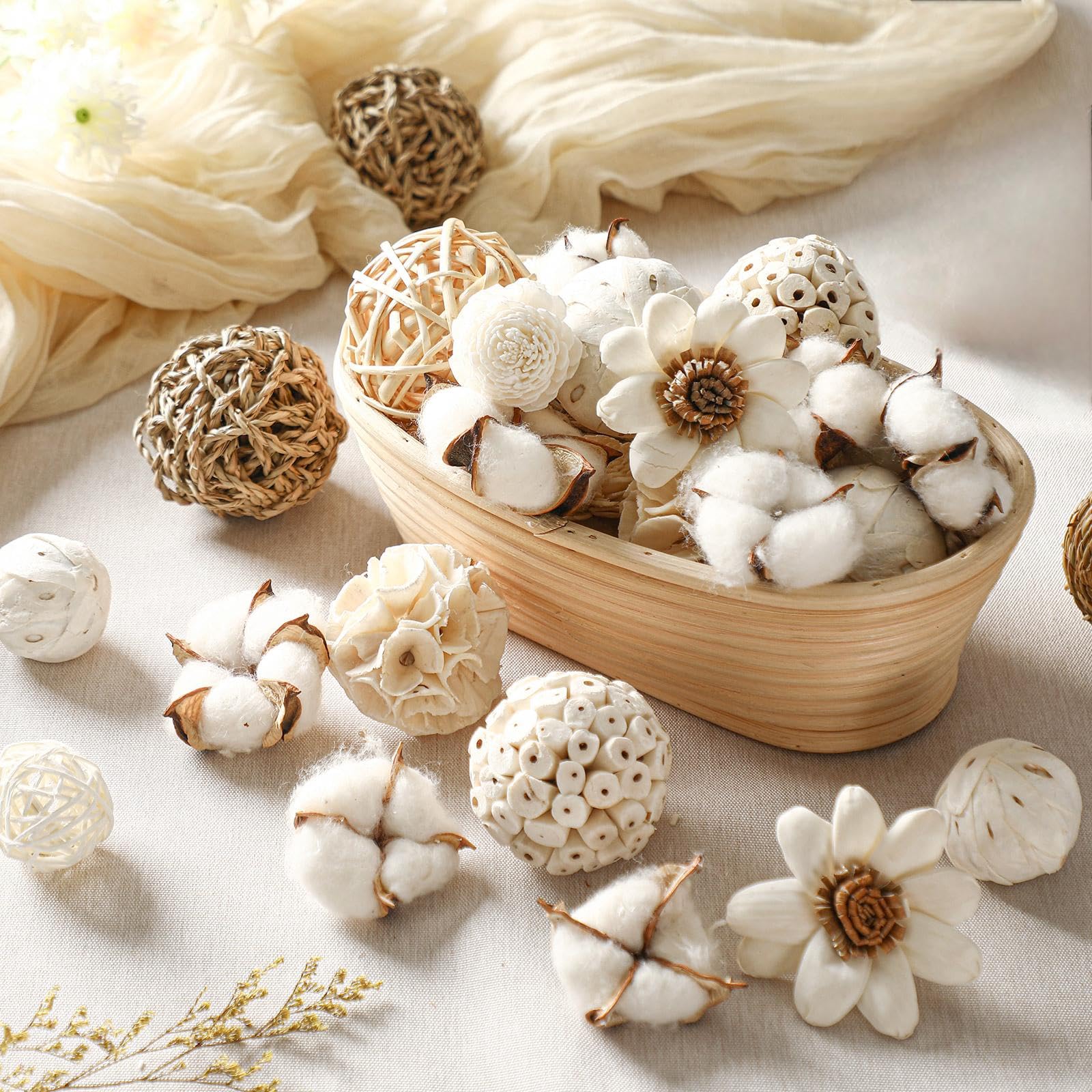 Riceshoot styled centerpiece on table demonstrating neutral accents and visual depth