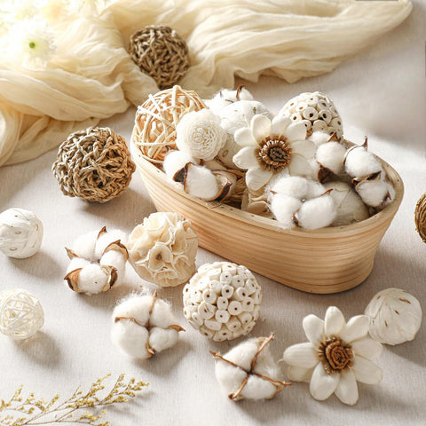 Riceshoot styled centerpiece on table demonstrating neutral accents and visual depth