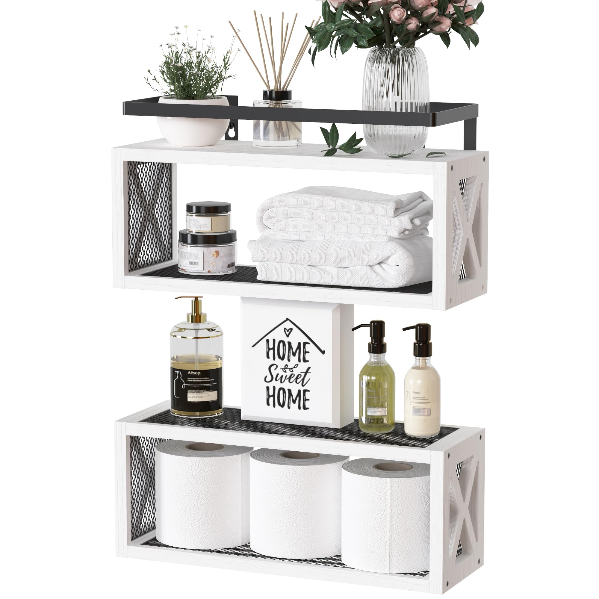 RICHER HOUSE front view of shelf showing farmhouse style and sturdy storage benefit