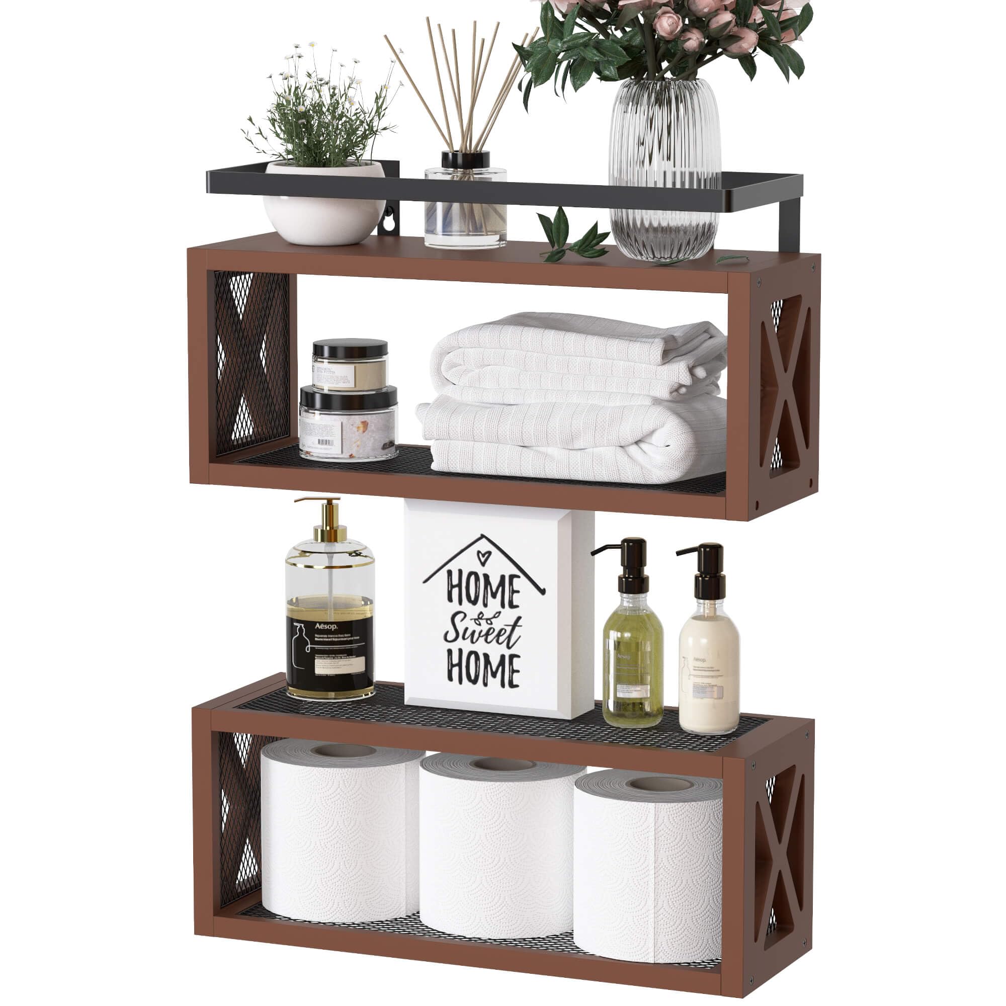 RICHER HOUSE front view of two rustic brown floating shelves showcasing farmhouse style and organized display