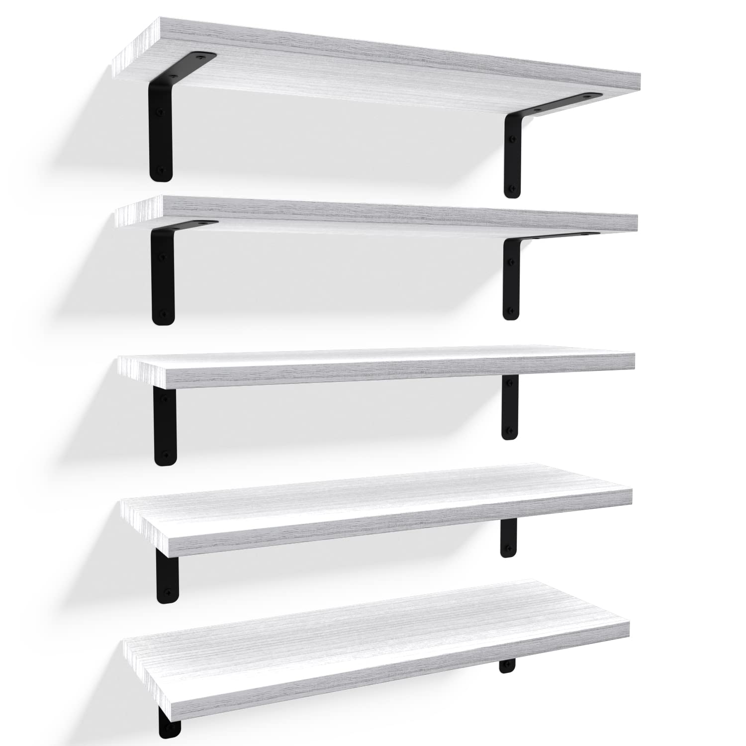 RICHER HOUSE front view of five floating shelves showing rustic finish and neat pack