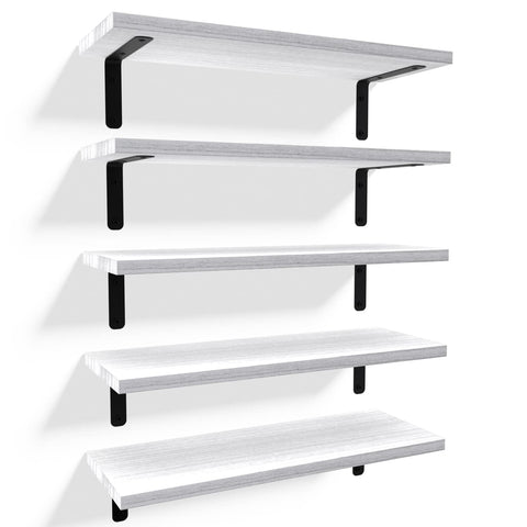 RICHER HOUSE front view of five floating shelves showing rustic finish and neat pack
