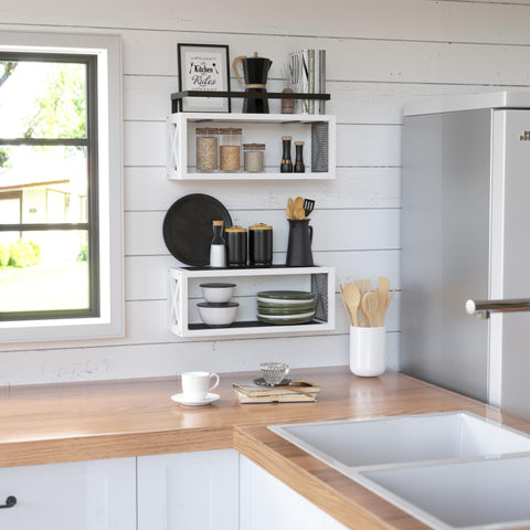 RICHER HOUSE styled on bathroom wall with decor showing tidy display benefit