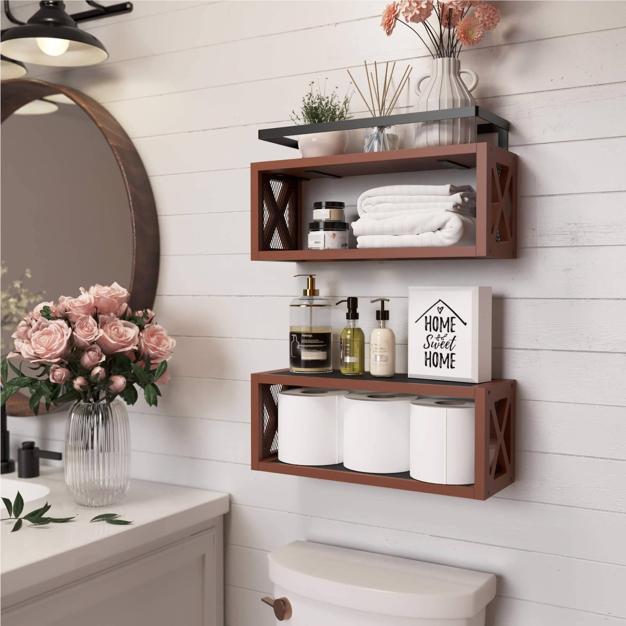 RICHER HOUSE wall-mounted shelves above toilet demonstrating space-saving bathroom organization