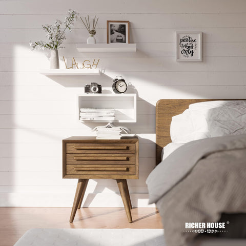 RICHER HOUSE shelves with books and plant demonstrating real-world scale