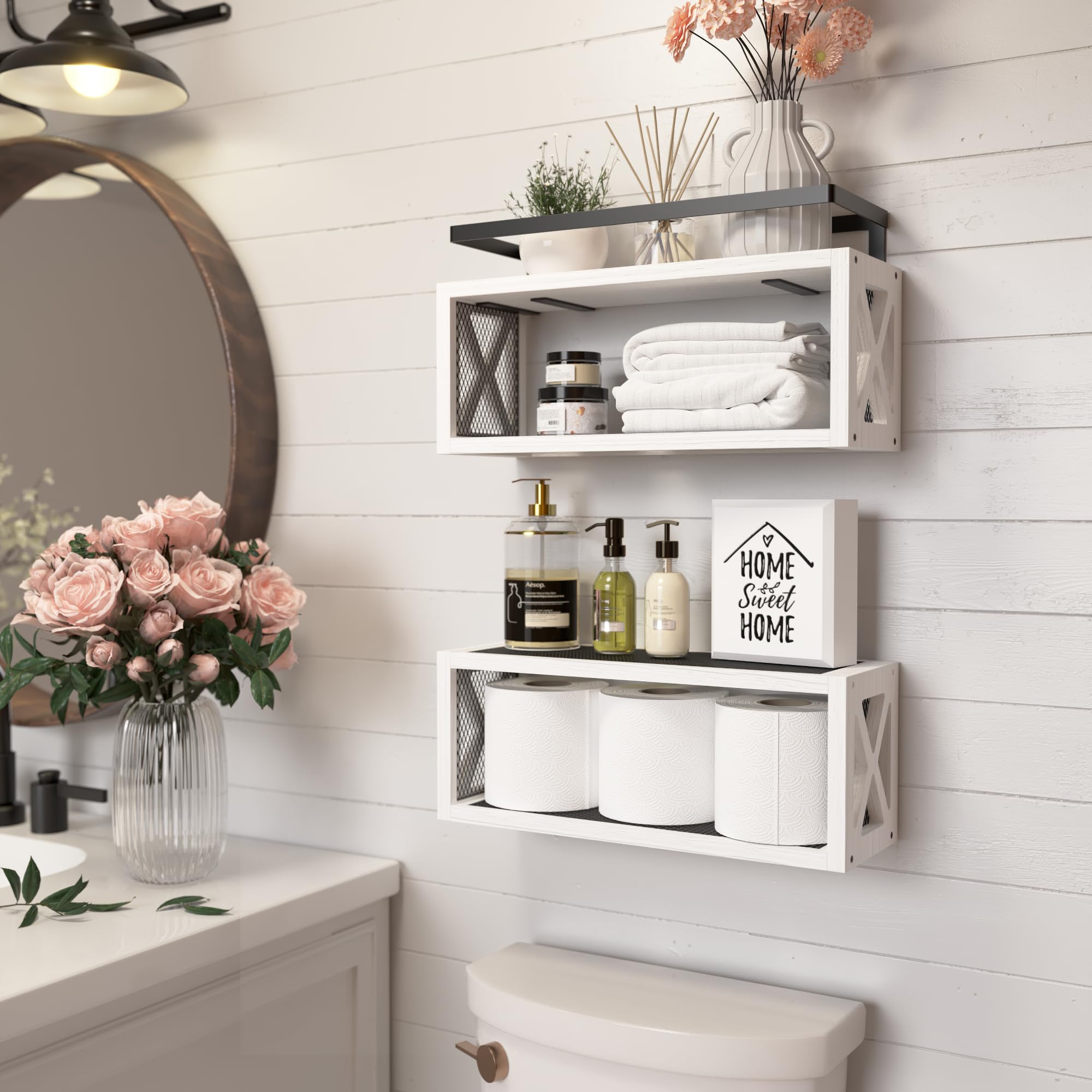 RICHER HOUSE wall-mounted over toilet showing organized bathroom benefit