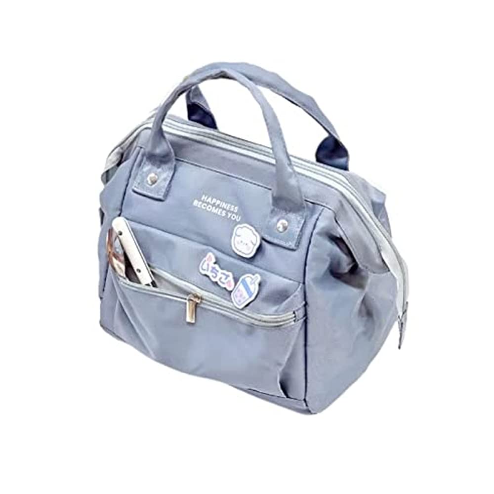 RICHTRUE blue lunch bag front view showing cute pins and zipper for easy access