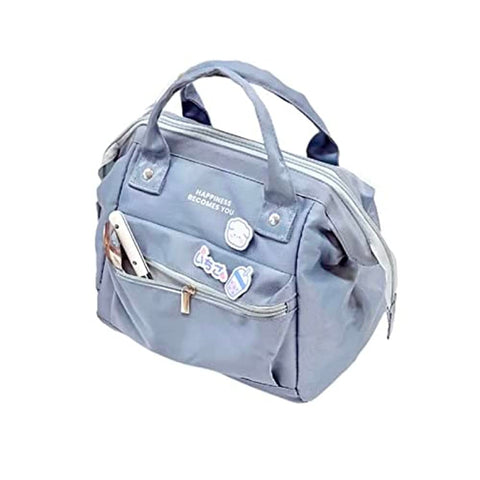RICHTRUE blue lunch bag front view showing cute pins and zipper for easy access