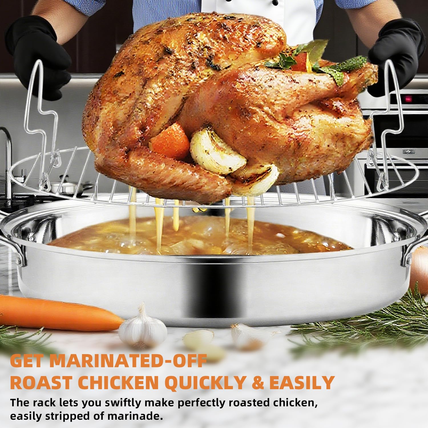 RIDGEPOLE roaster beside turkey showing true 22-inch capacity