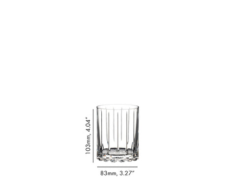 Riedel Double Rocks holding a large ice cube keeping cocktails colder with less dilution
