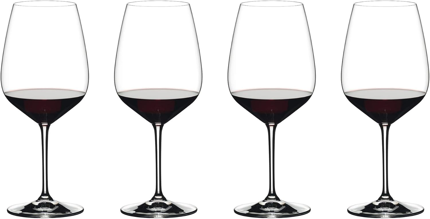 Riedel Extreme set front view showing four crystal Cabernet glasses and elegant design benefit