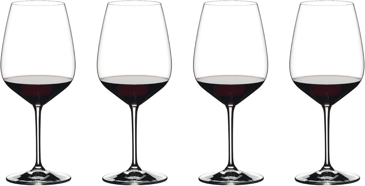 Riedel Extreme set front view showing four crystal Cabernet glasses and elegant design benefit