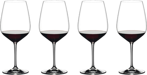 Riedel Extreme set front view showing four crystal Cabernet glasses and elegant design benefit