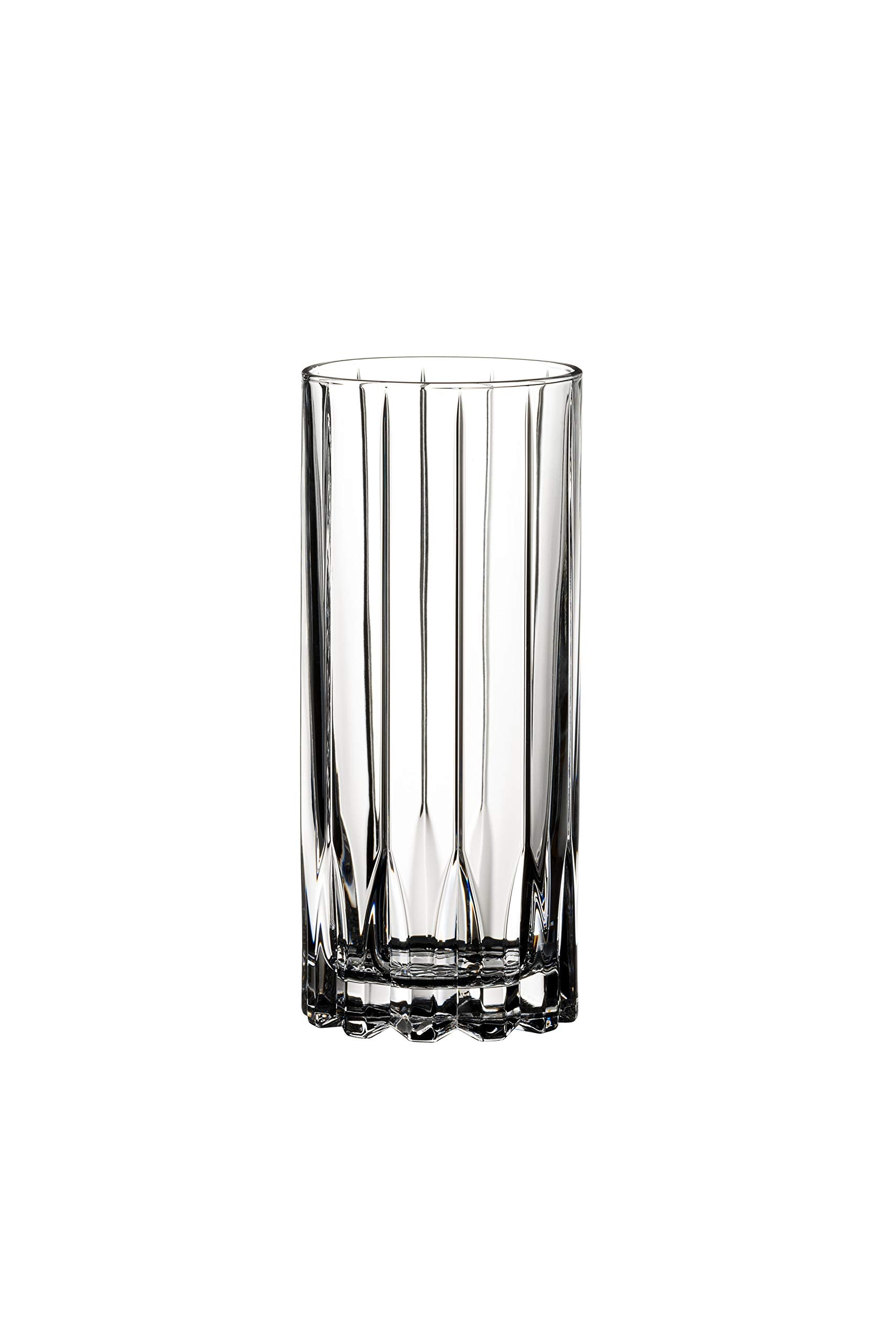 Riedel highball filled with oversized ice demonstrating reduced liquid displacement benefit