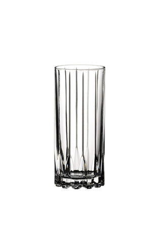 Riedel highball filled with oversized ice demonstrating reduced liquid displacement benefit