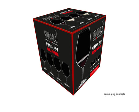 Riedel Wine Friendly XL beside a wine bottle showing true 35oz scale