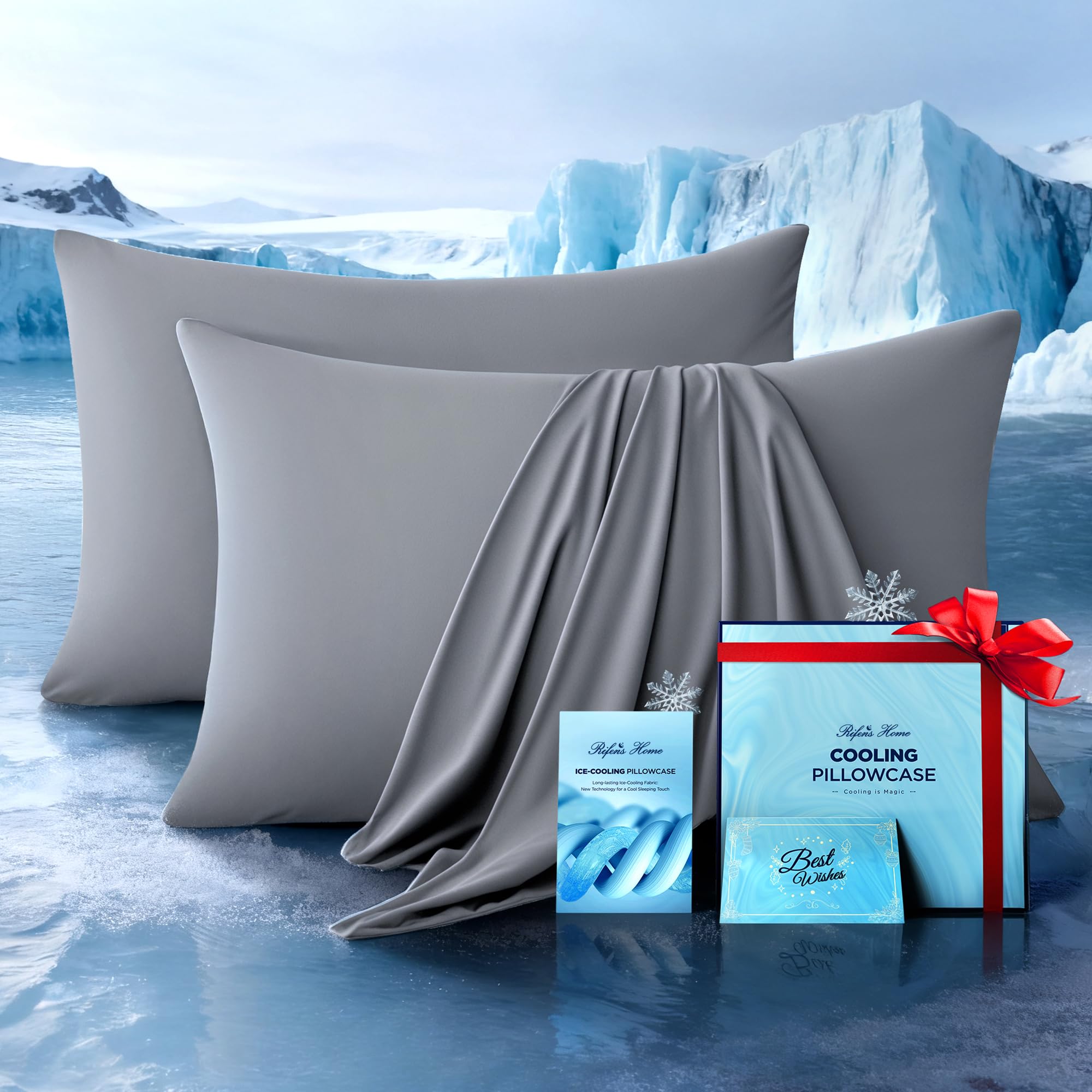 Rifens Home front packaging light gray showing cooling pillowcase set benefits
