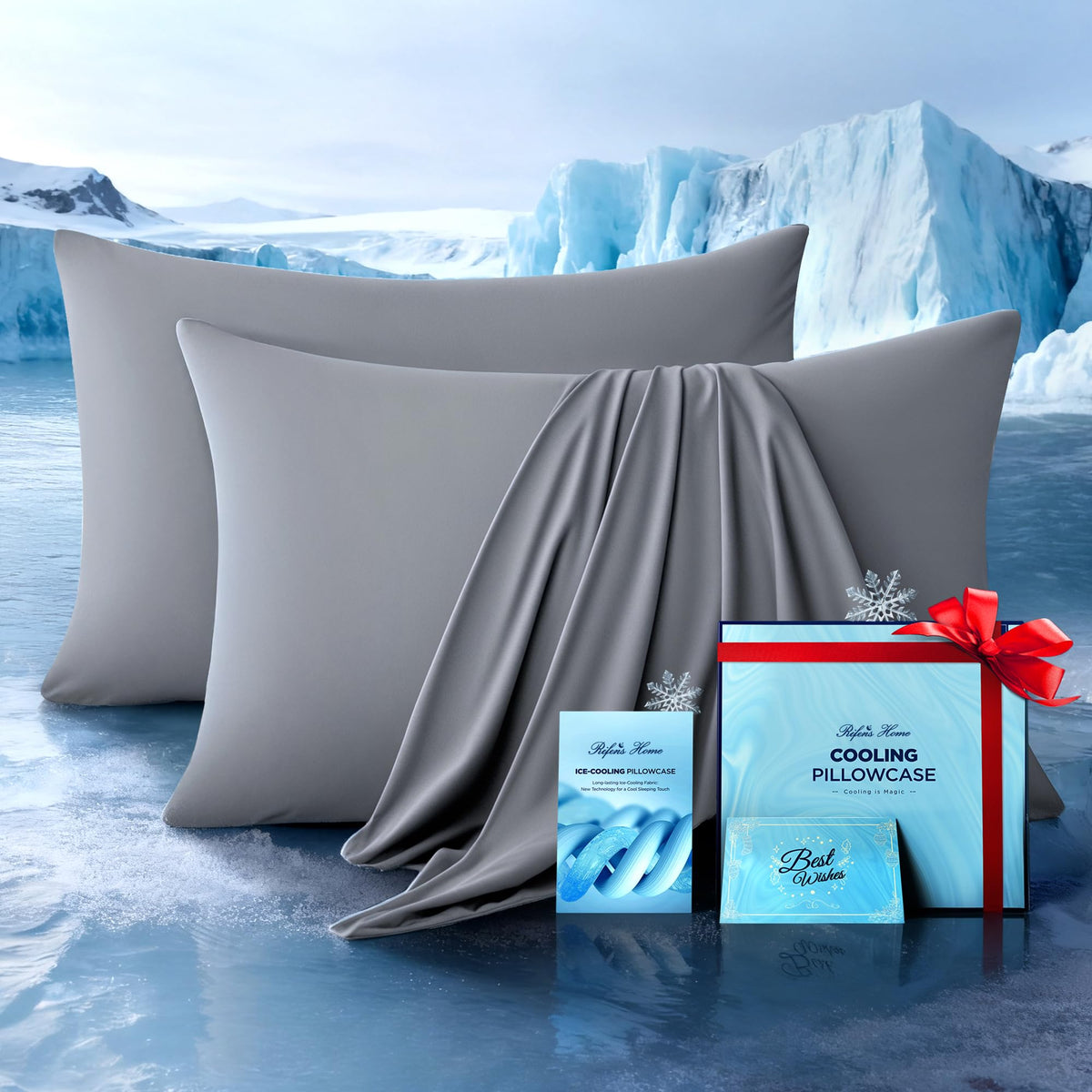 Rifens Home front packaging light gray showing cooling pillowcase set benefits