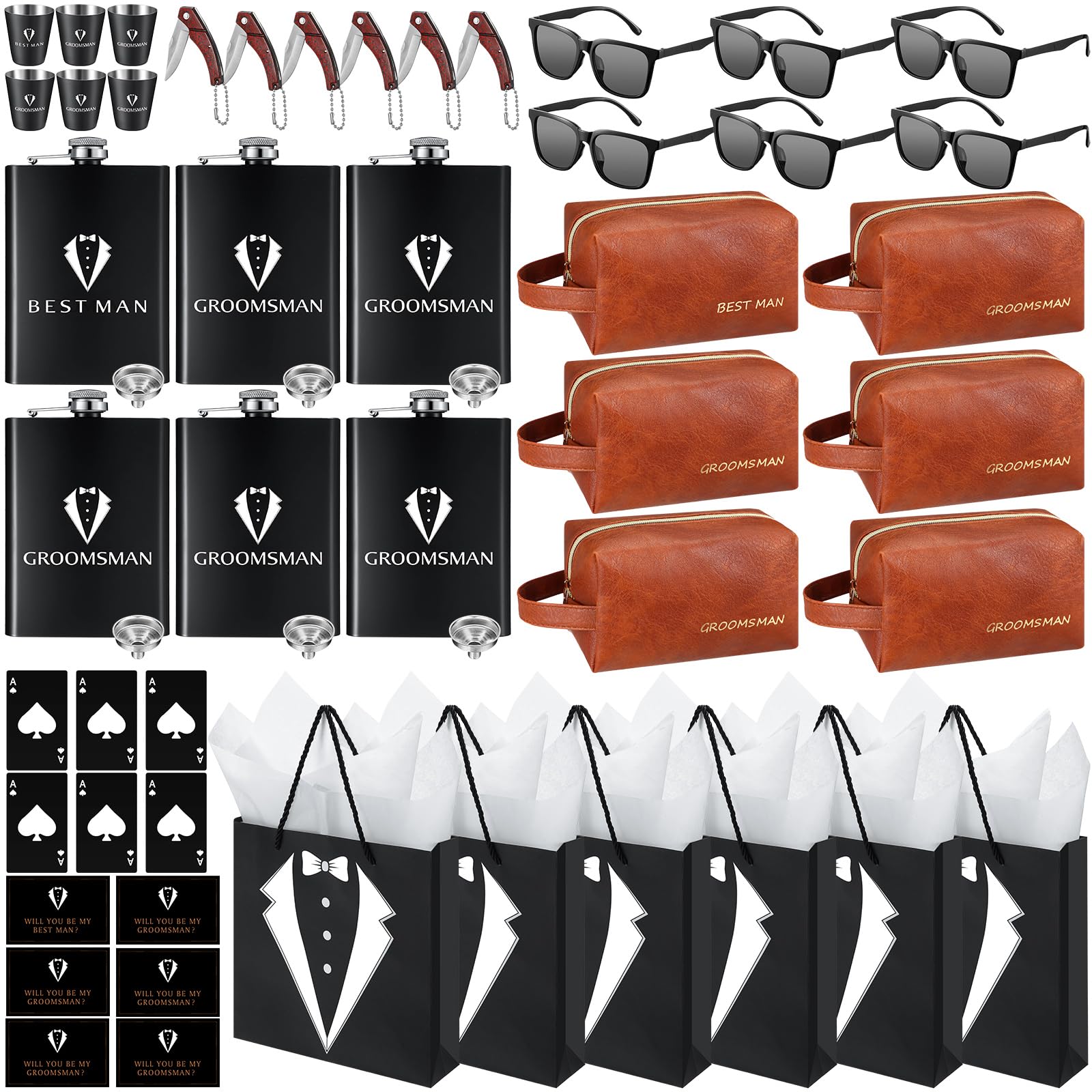 Rigibright front packaging showing full six-kit groomsmen set and ease of gifting