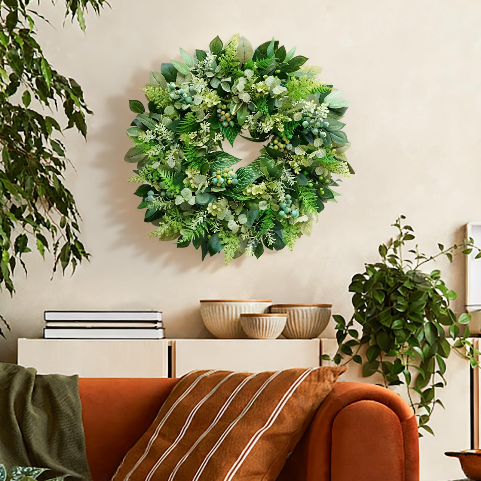 Rimalo wreath above mantel creating calm, farmhouse-style focal point