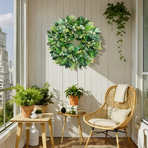 Rimalo wreath next to door showing scale and easy visual fit