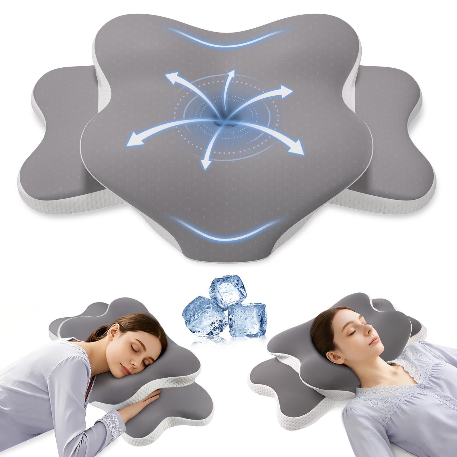 Rioicy pillow front view showing ergonomic contour and neat cover for posture support