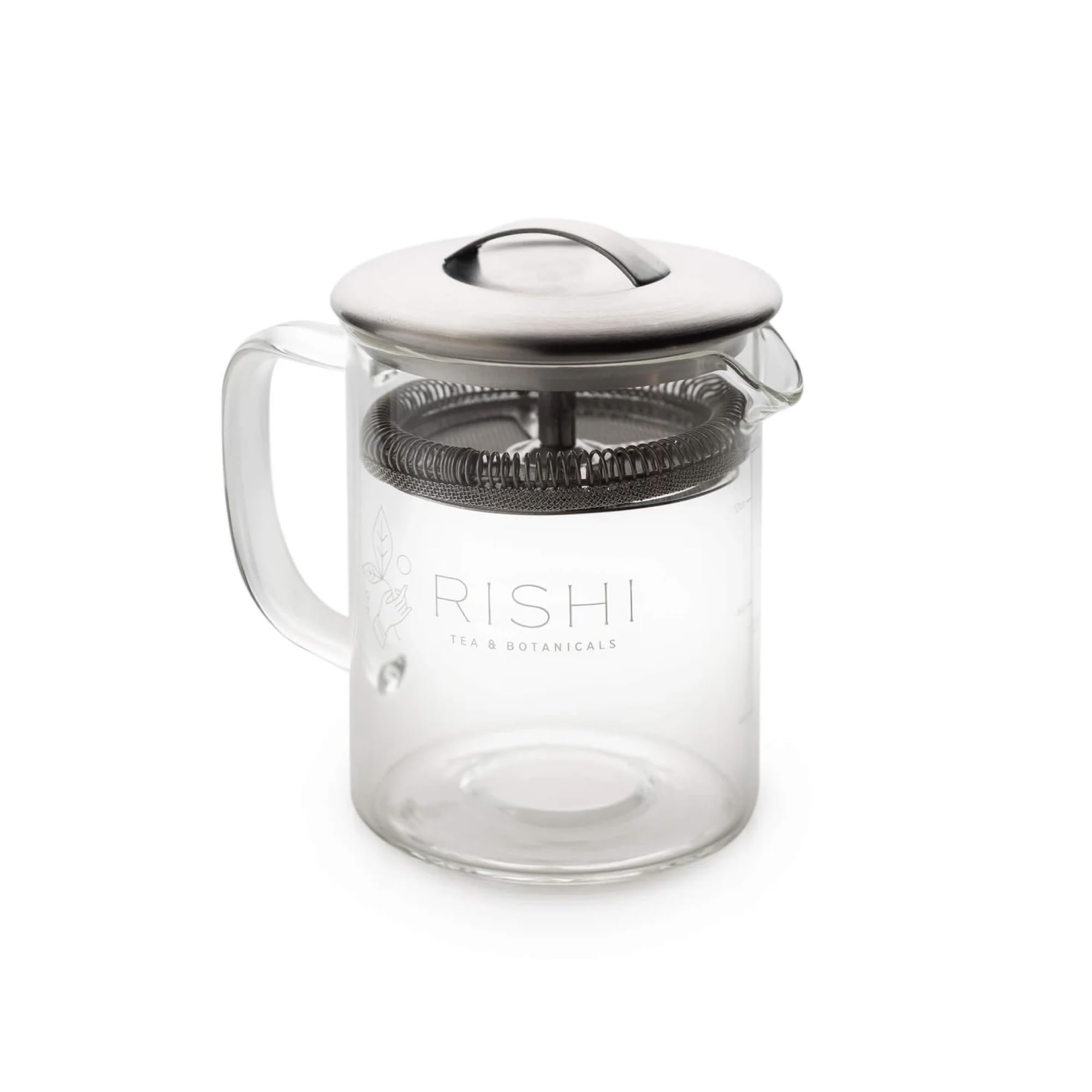 Rishi Tea Simple Brew front view showing clear borosilicate body and lid, easy brewing