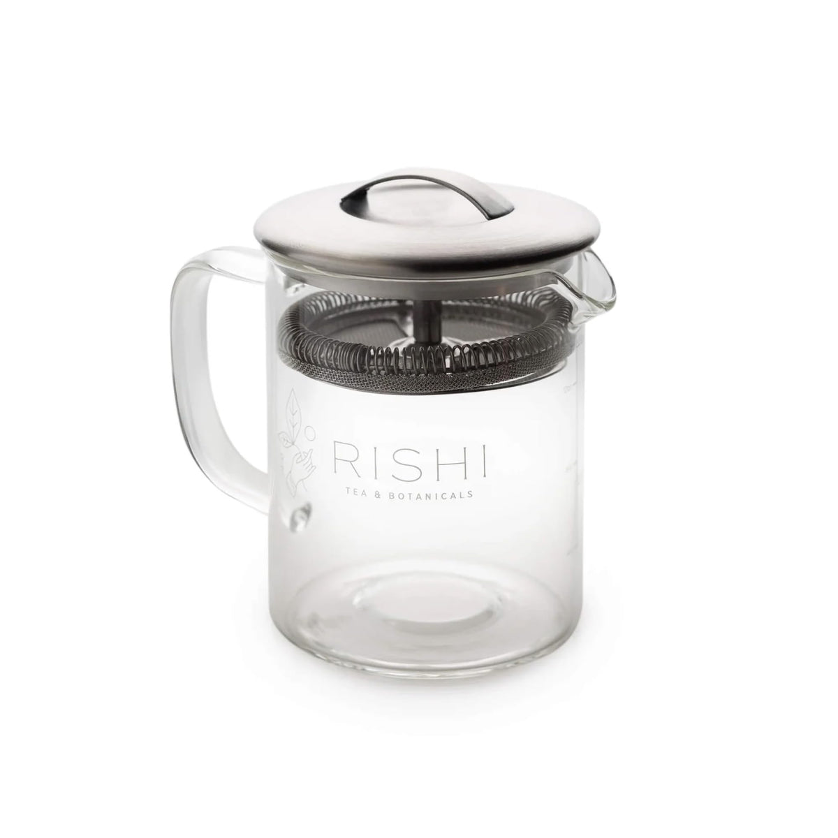 Rishi Tea Simple Brew front view showing clear borosilicate body and lid, easy brewing