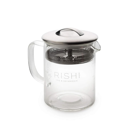 Rishi Tea Simple Brew front view showing clear borosilicate body and lid, easy brewing