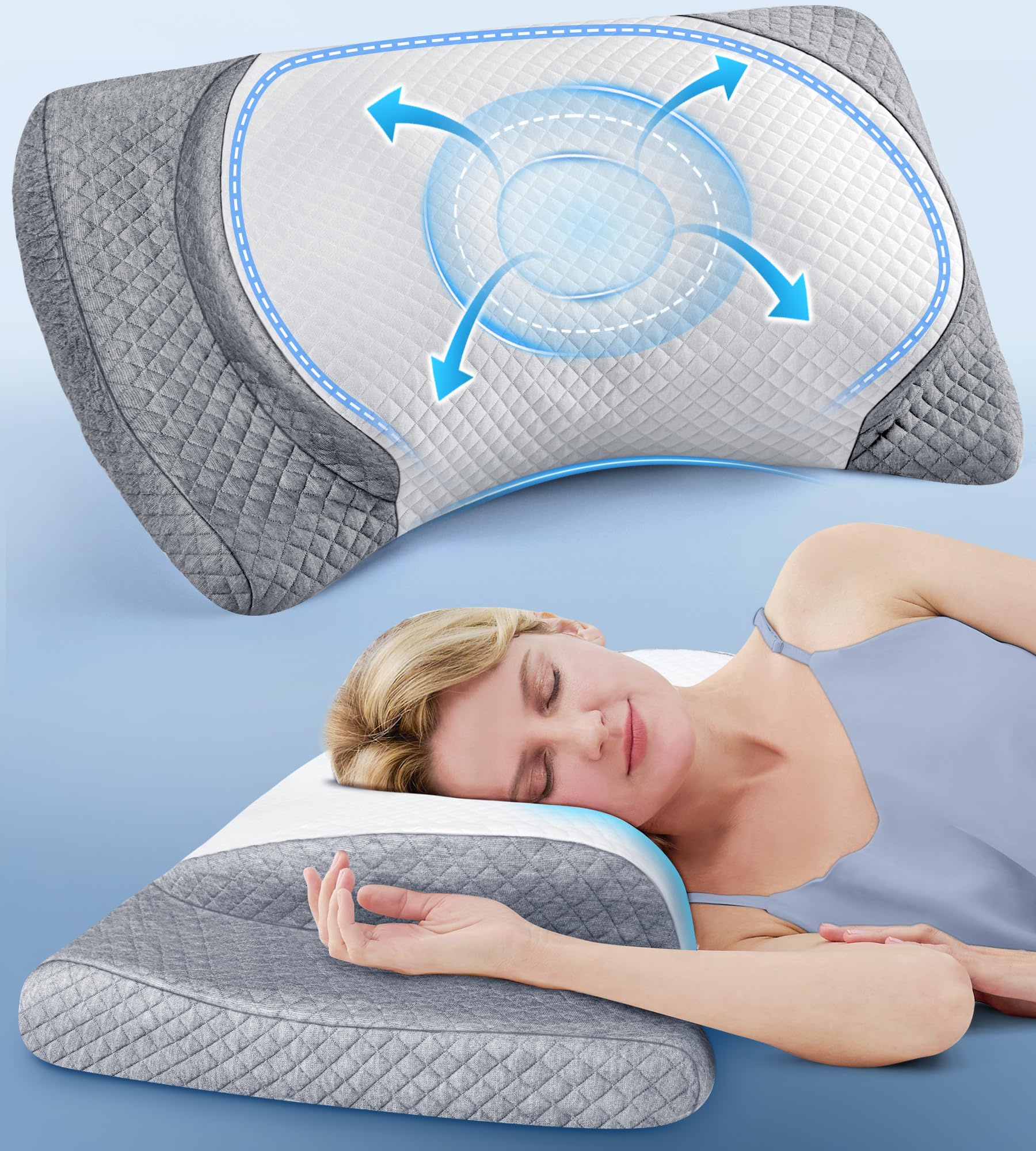 Risron front view pillow and packaging showing adjustable design and benefits