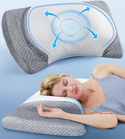 Risron front view pillow and packaging showing adjustable design and benefits