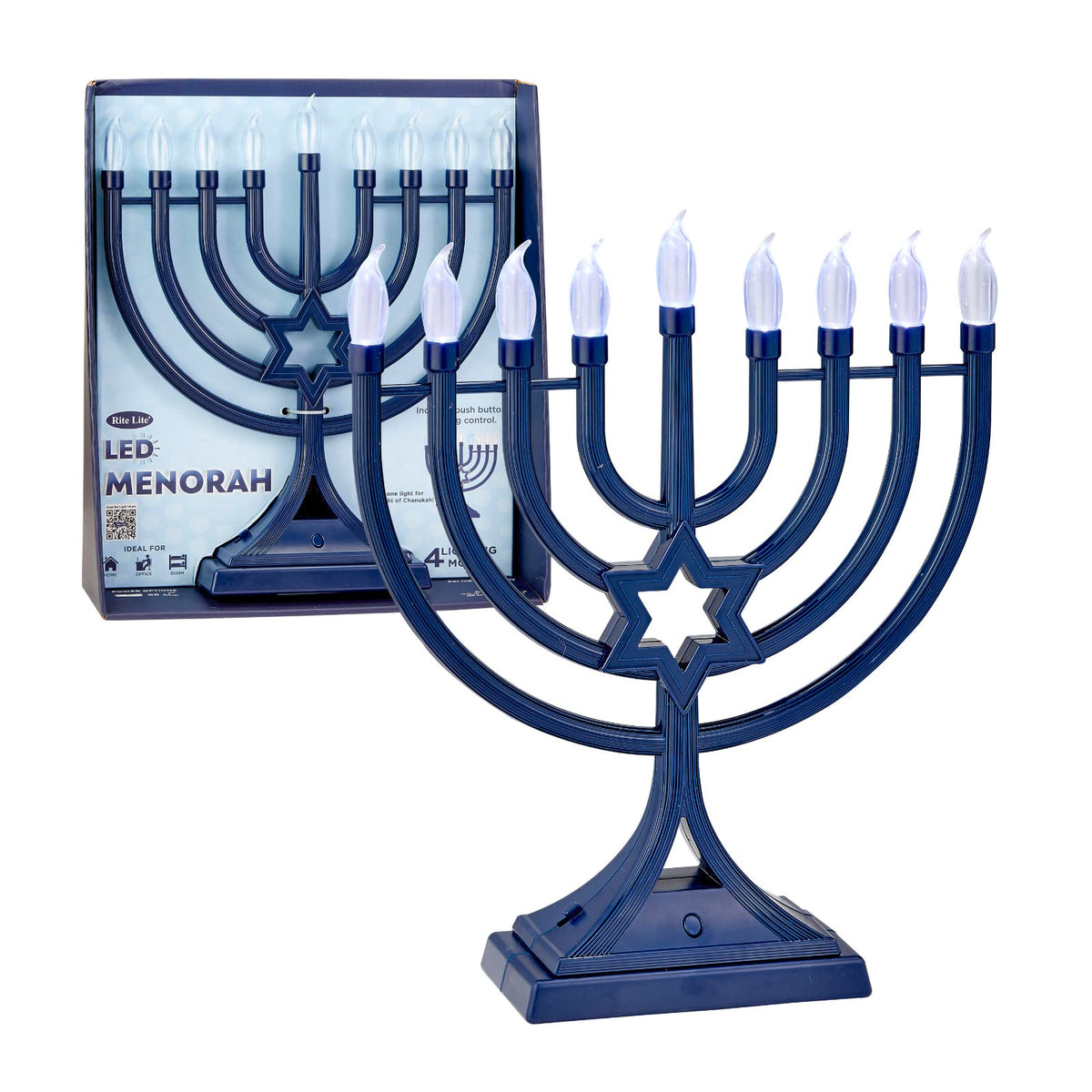 Rite Lite front view electric menorah navy blue showing full nine-bulb arrangement and Star of David for elegant display