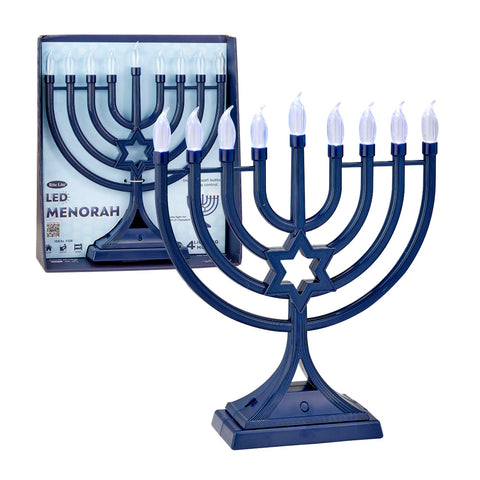 Rite Lite front view electric menorah navy blue showing full nine-bulb arrangement and Star of David for elegant display