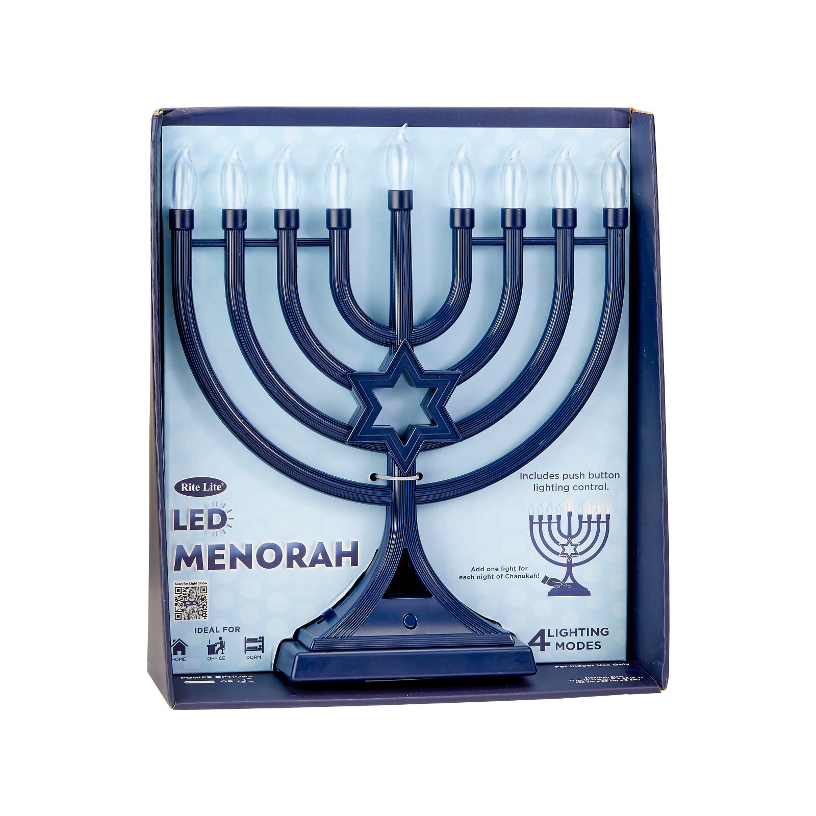 Rite Lite menorah in use on mantel with family celebrating Chanukah showing convenience and festive atmosphere