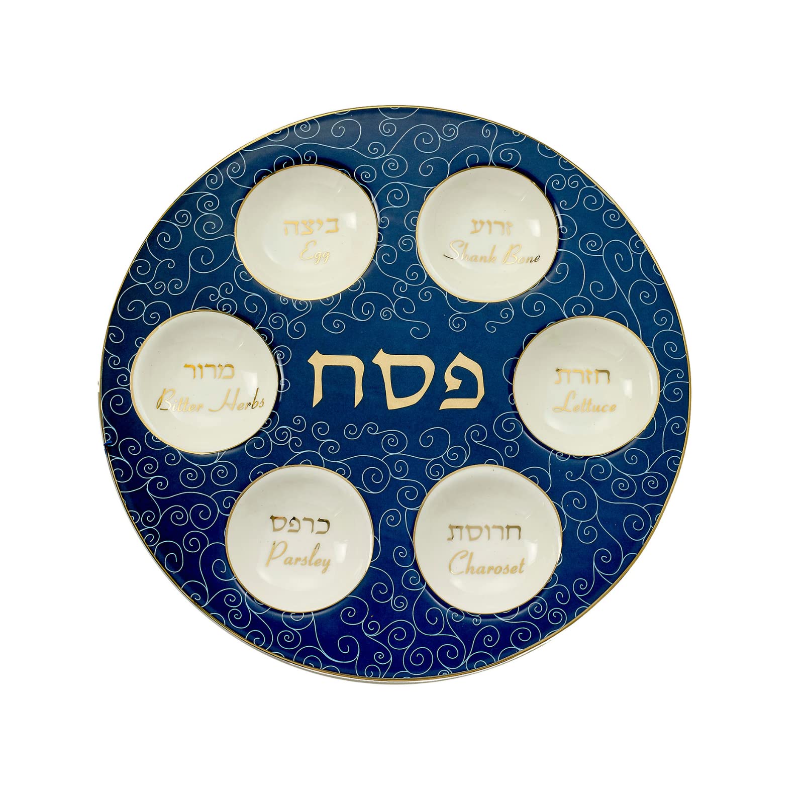 Rite Lite front view of blue white curlicue seder plate showing labels and gold trim for elegant display