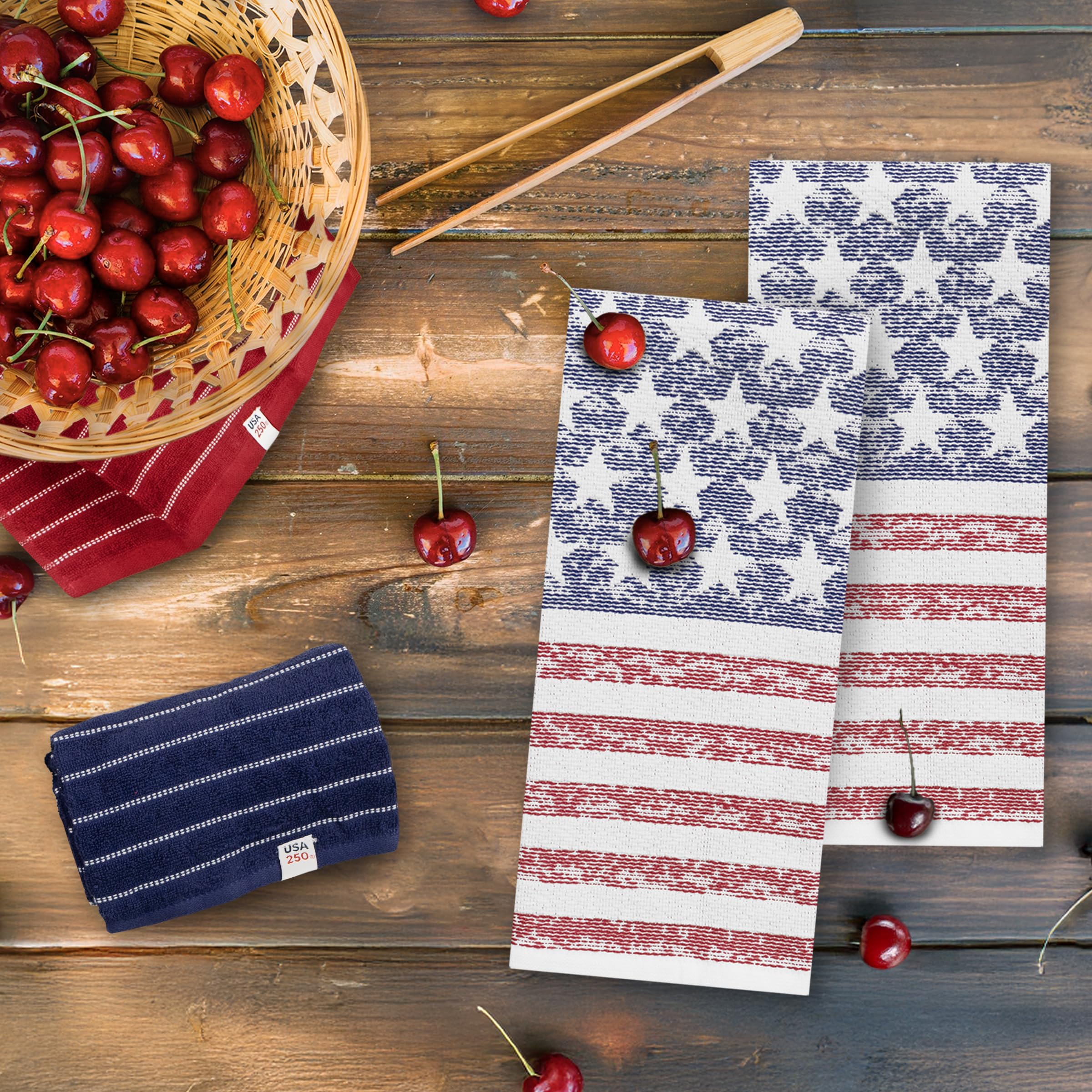 Ritz towels styled on a patriotic table showing festive decor and functional benefit