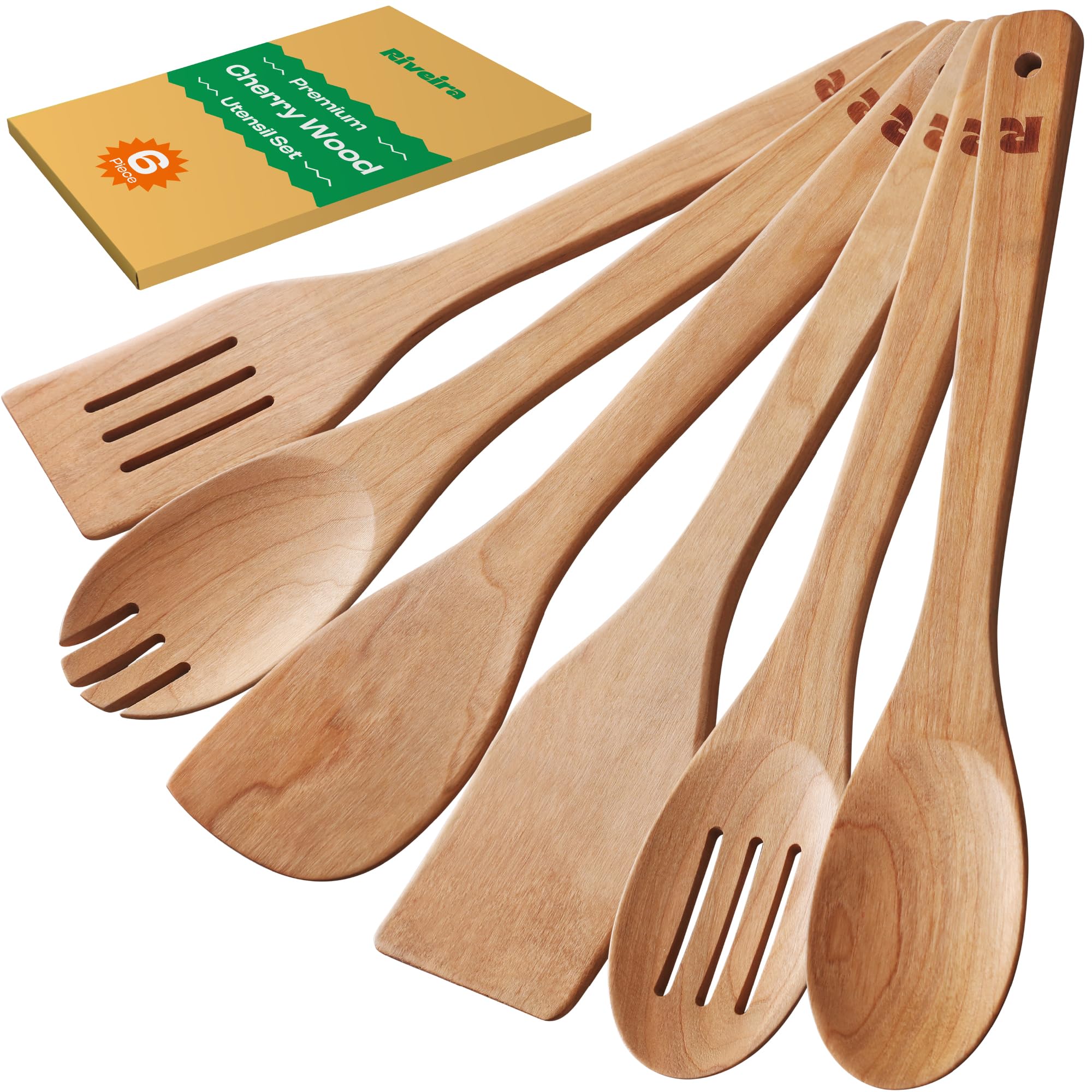Riveira cherry wooden utensils front view showing complete six-piece set and warm finish