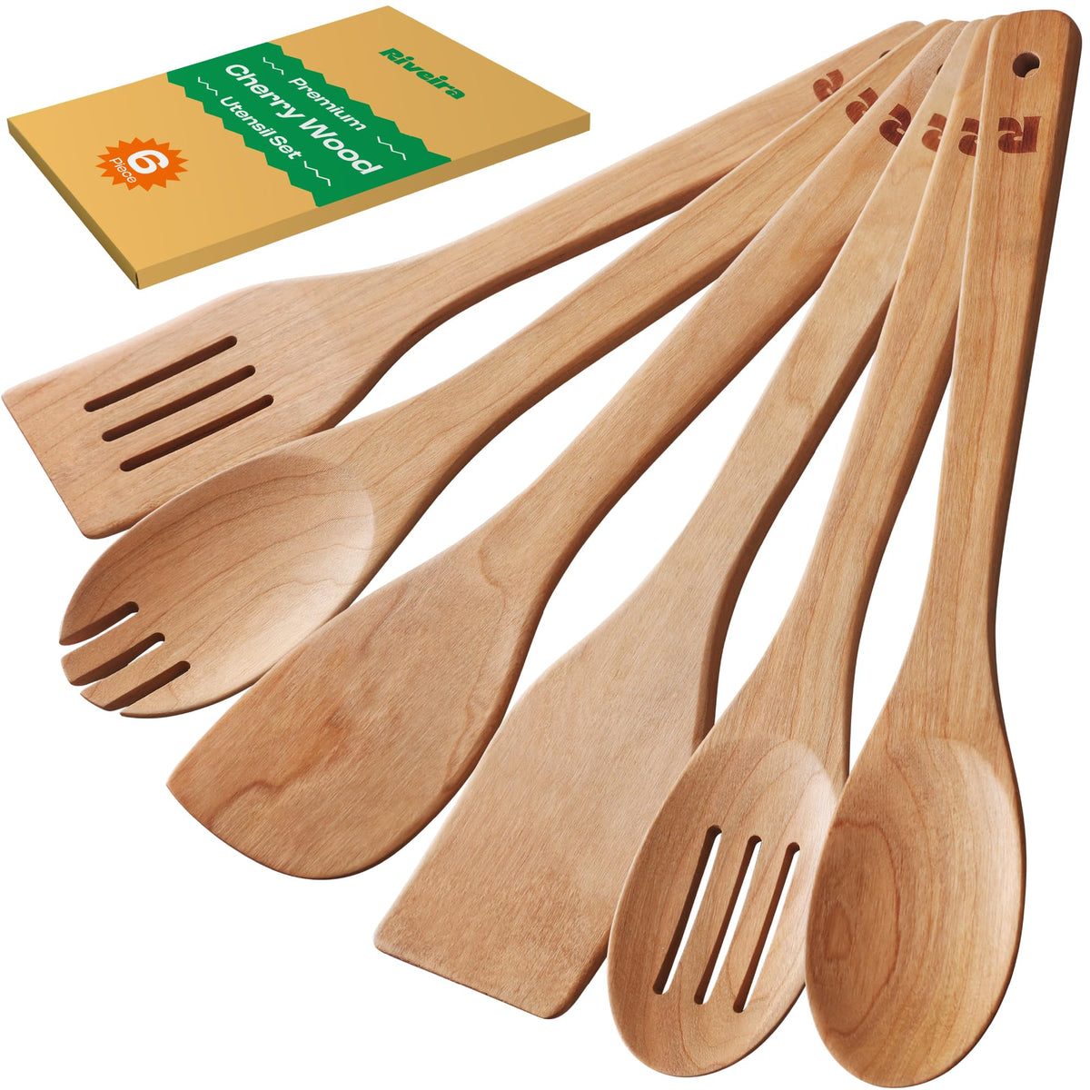 Riveira cherry wooden utensils front view showing complete six-piece set and warm finish