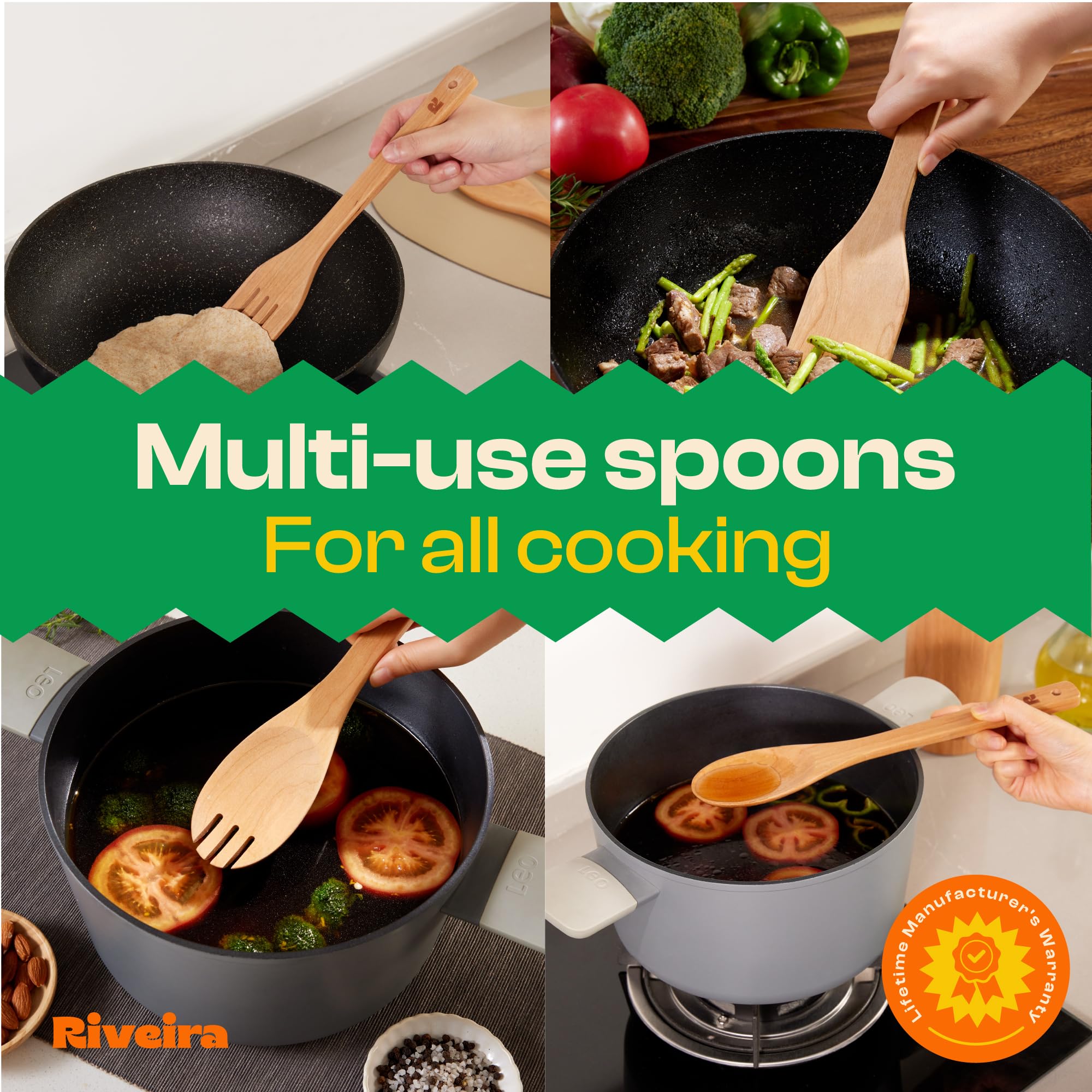 Riveira wooden spatula flipping pancake to show lifting strength and non-scratch edge