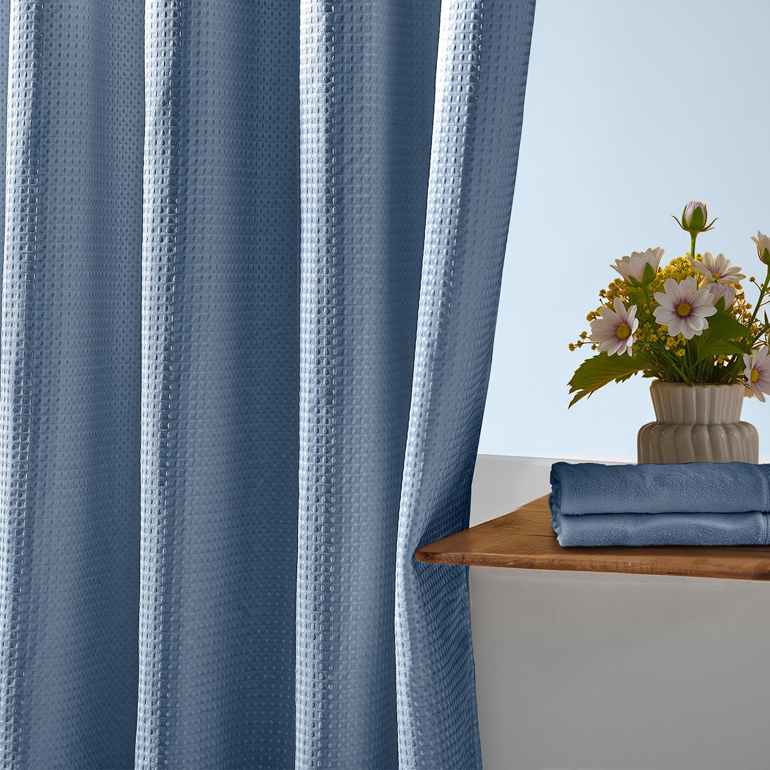 River Dream curtain in styled bathroom showing upgraded look benefit