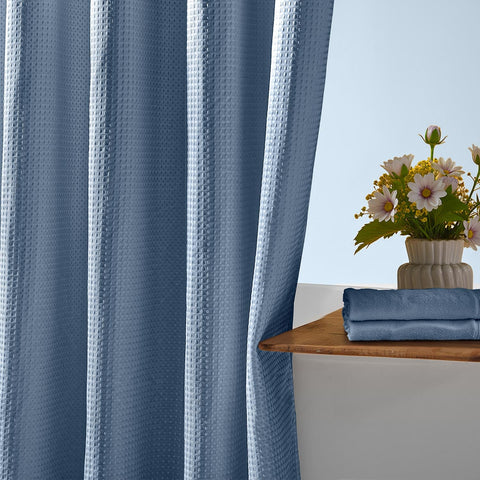 River Dream curtain in styled bathroom showing upgraded look benefit