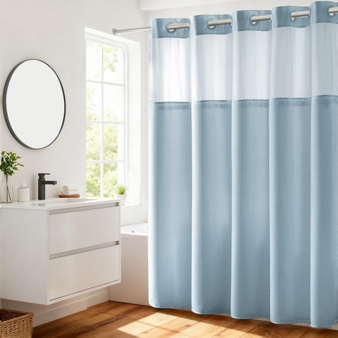 River Dream front view of blue heavyweight waffle shower curtain showcasing elegant drape