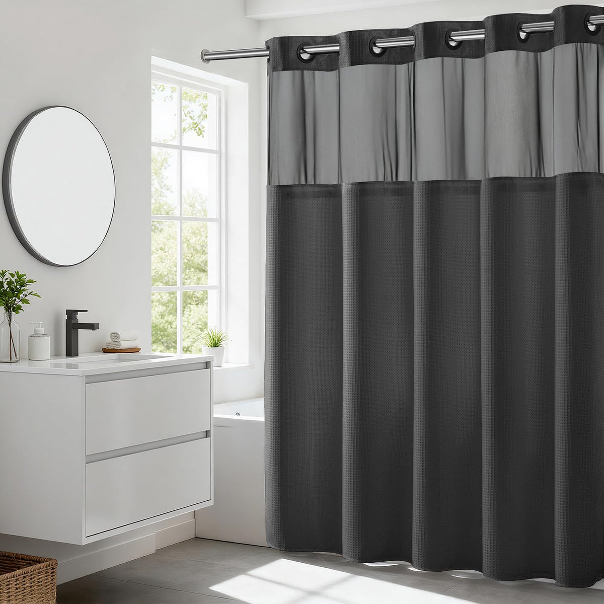 River Dream front view of graphite grey waffle shower curtain showing clean modern style and easy install