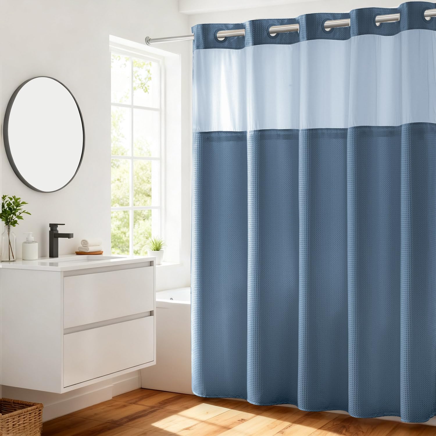 River Dream front view of Moonlight Blue curtain showing full coverage benefit