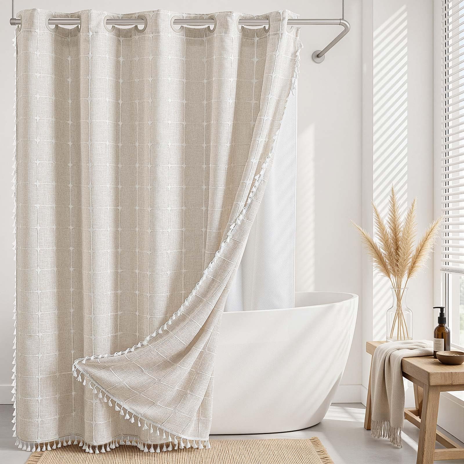 River Dream front view showing full linen curtain and tassels for stylish bath
